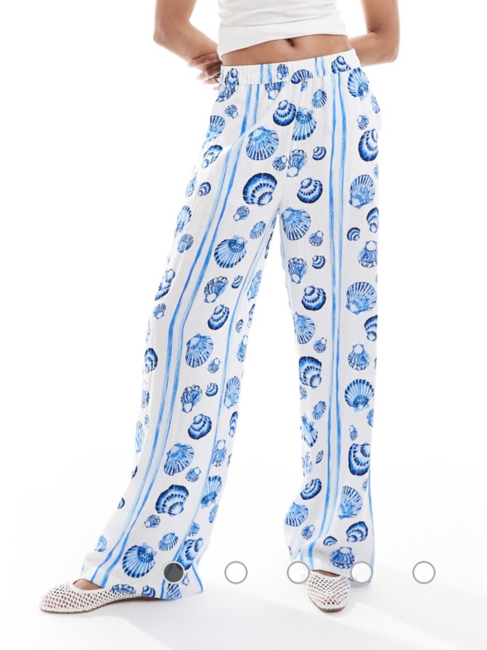 Vero Moda Blue and White Shell-Print Wide-Leg Pants